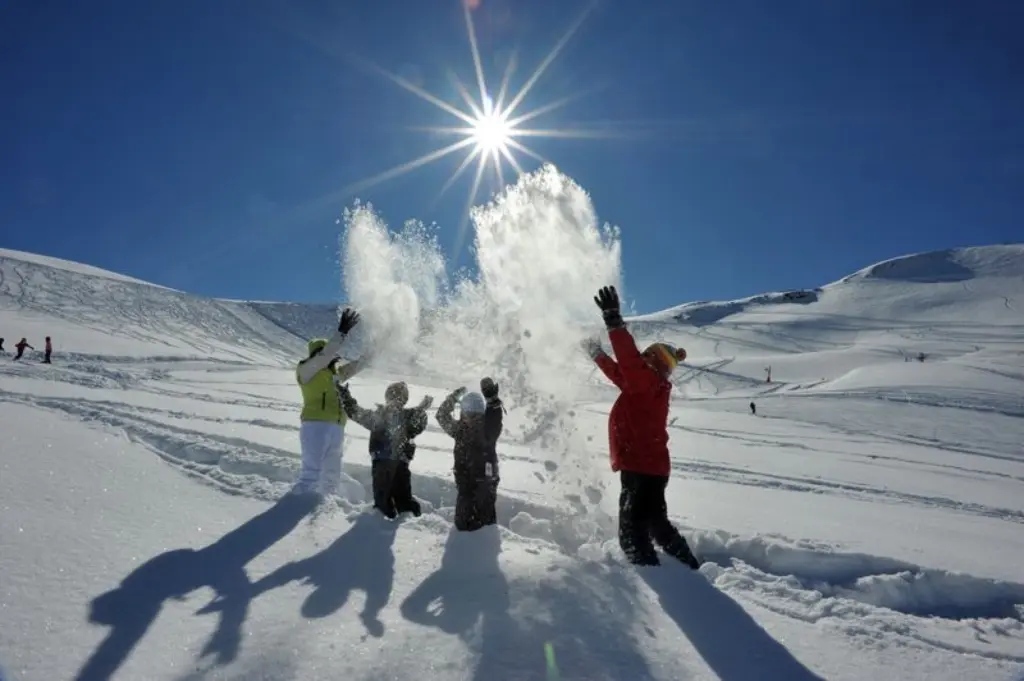 Des enfants lancent de la neige en l’air sur un plateau ensoleillé
